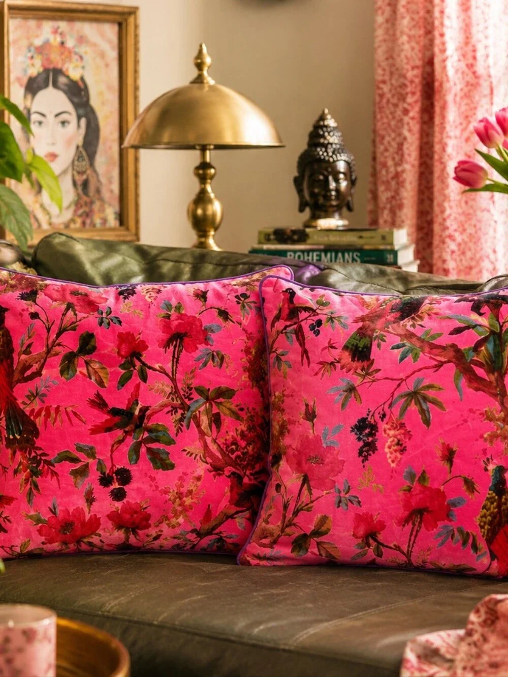 Eyes of India Velvet Floral Bird Throw Pillows Set of 2 Pink Boho Maximalist 20